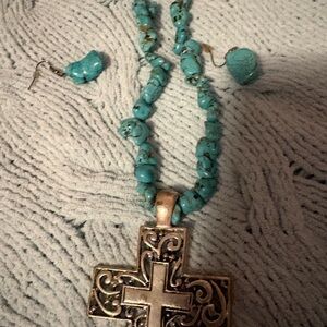 Turquoise Beaded Cross Pendant Necklace